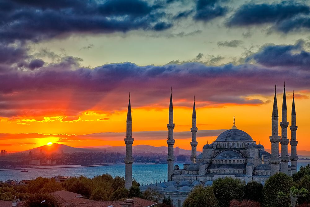 Turkey, Istanbul. Blue Mosque at sunset.